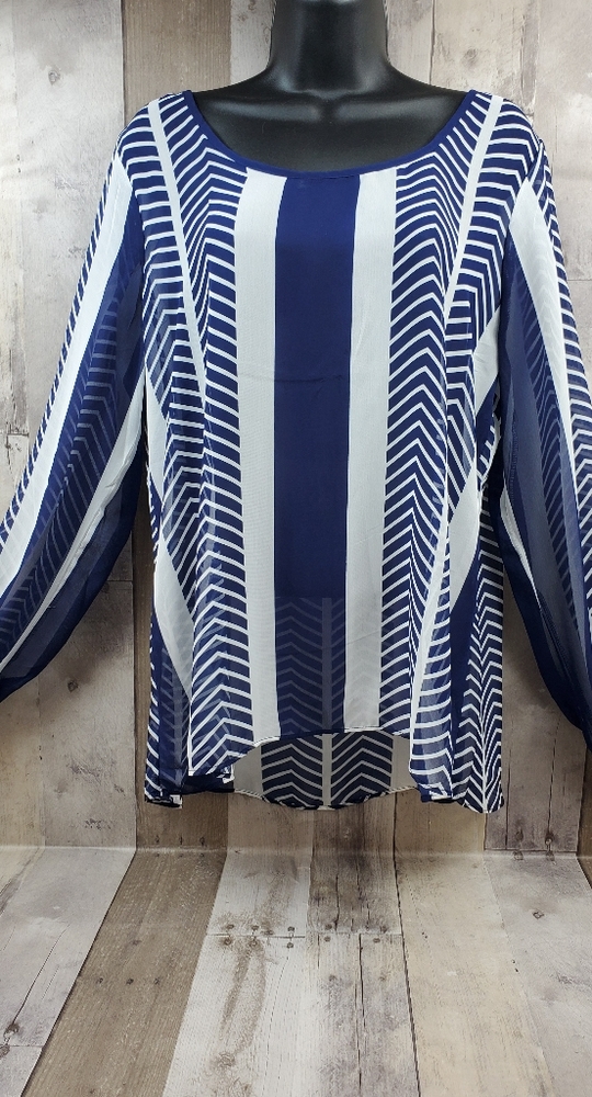 Charming charlie sheer navy/white striped blouse